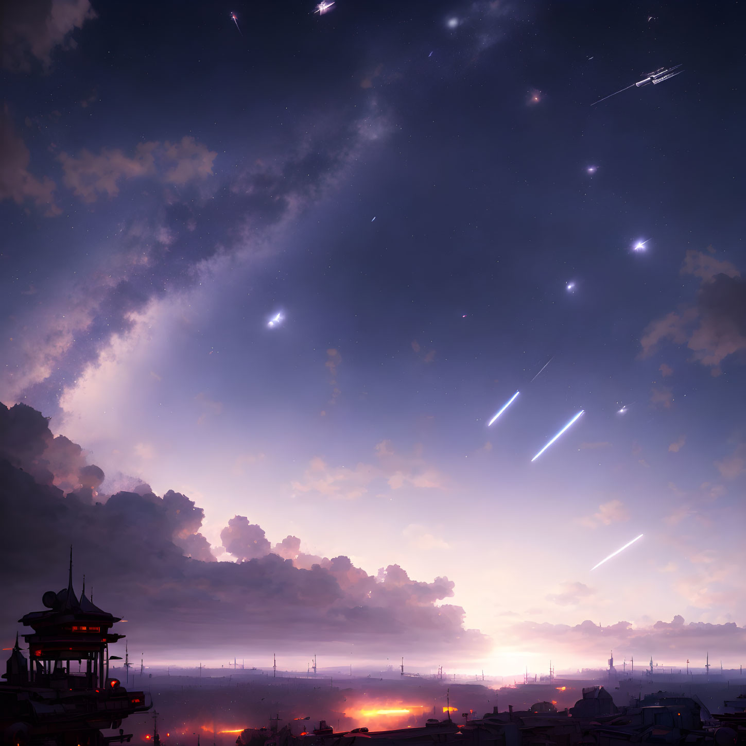 Twilight sky over serene cityscape with meteorites and Asian-style architecture.