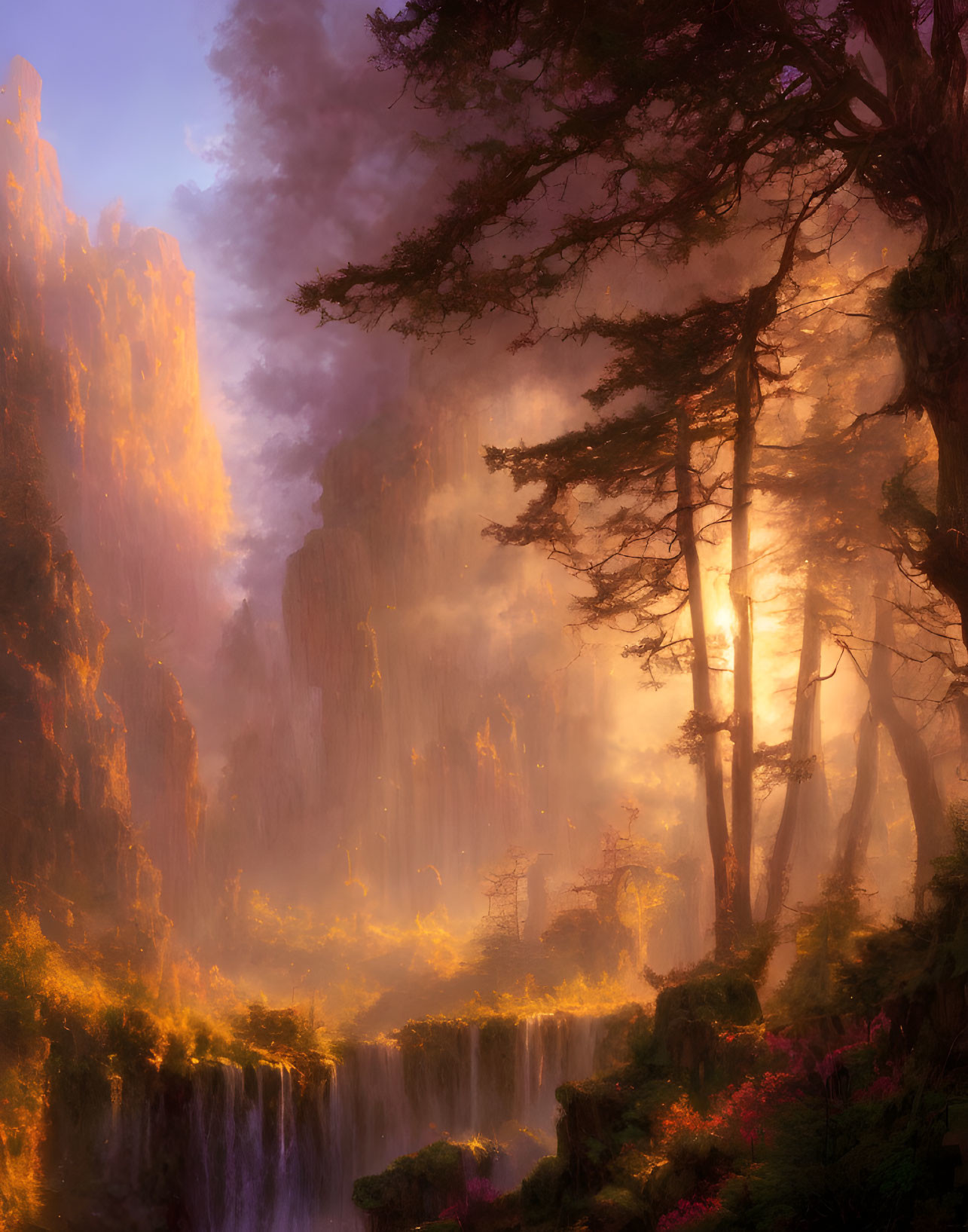 Tranquil forest sunrise with mist, waterfalls, and lush cliffs