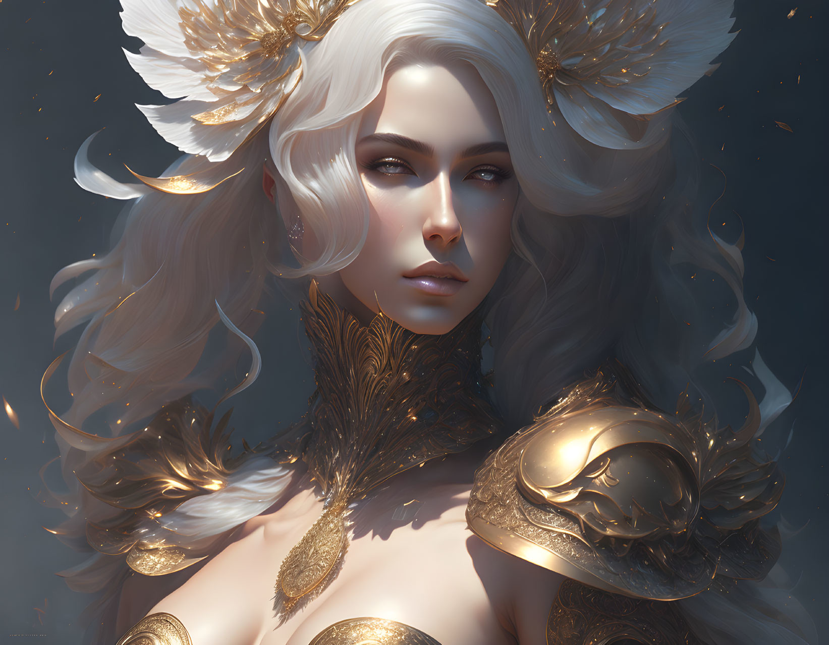 Fantasy woman portrait with white hair and golden armor on dark background