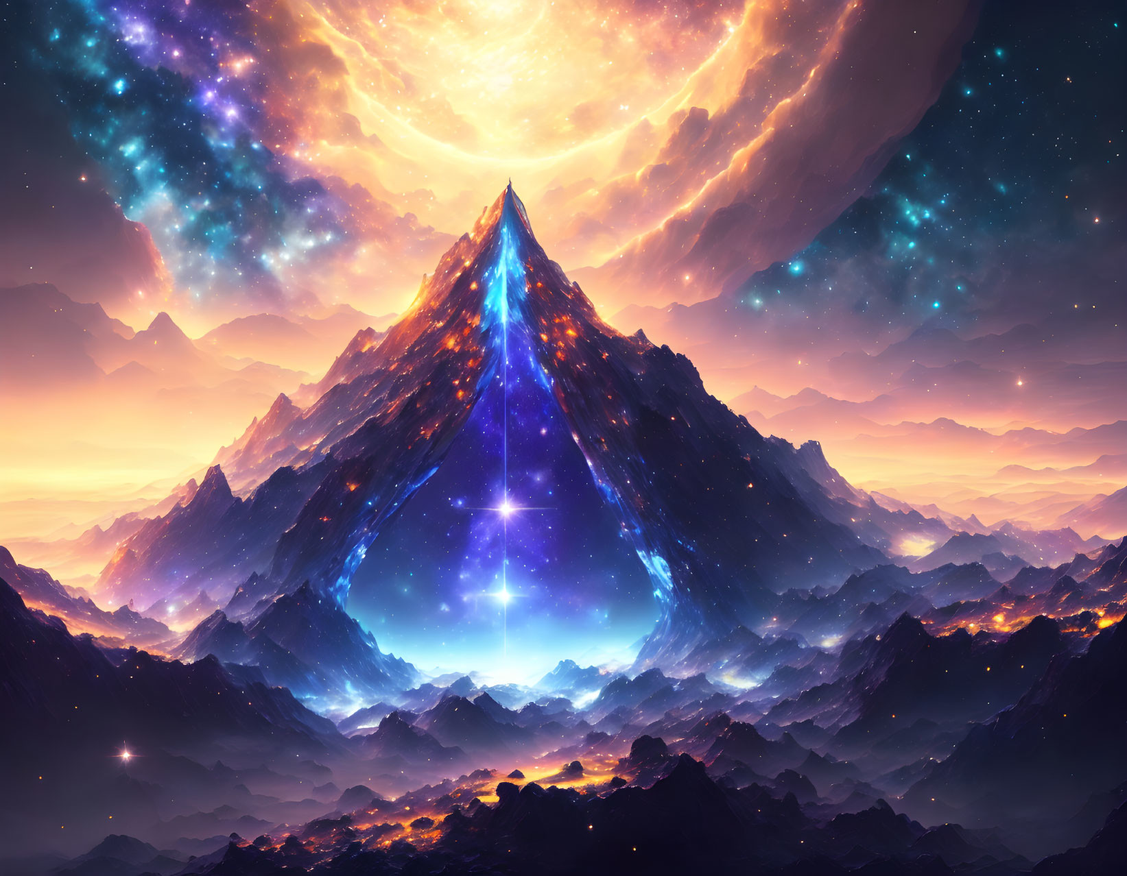 Majestic mountain peak under cosmic sky with massive planet and glowing blue light