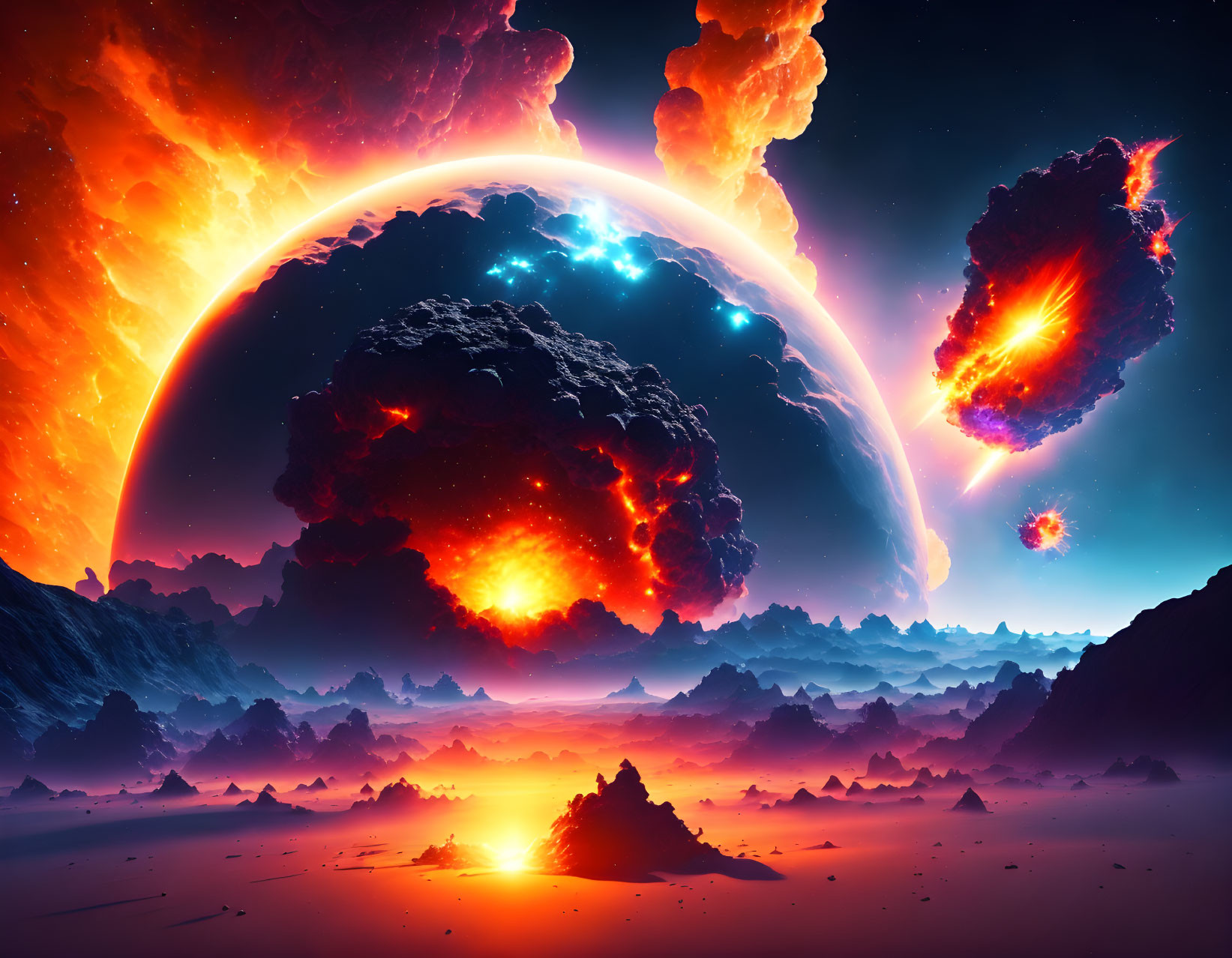 Cosmic landscape with blazing planet and radiant celestial event