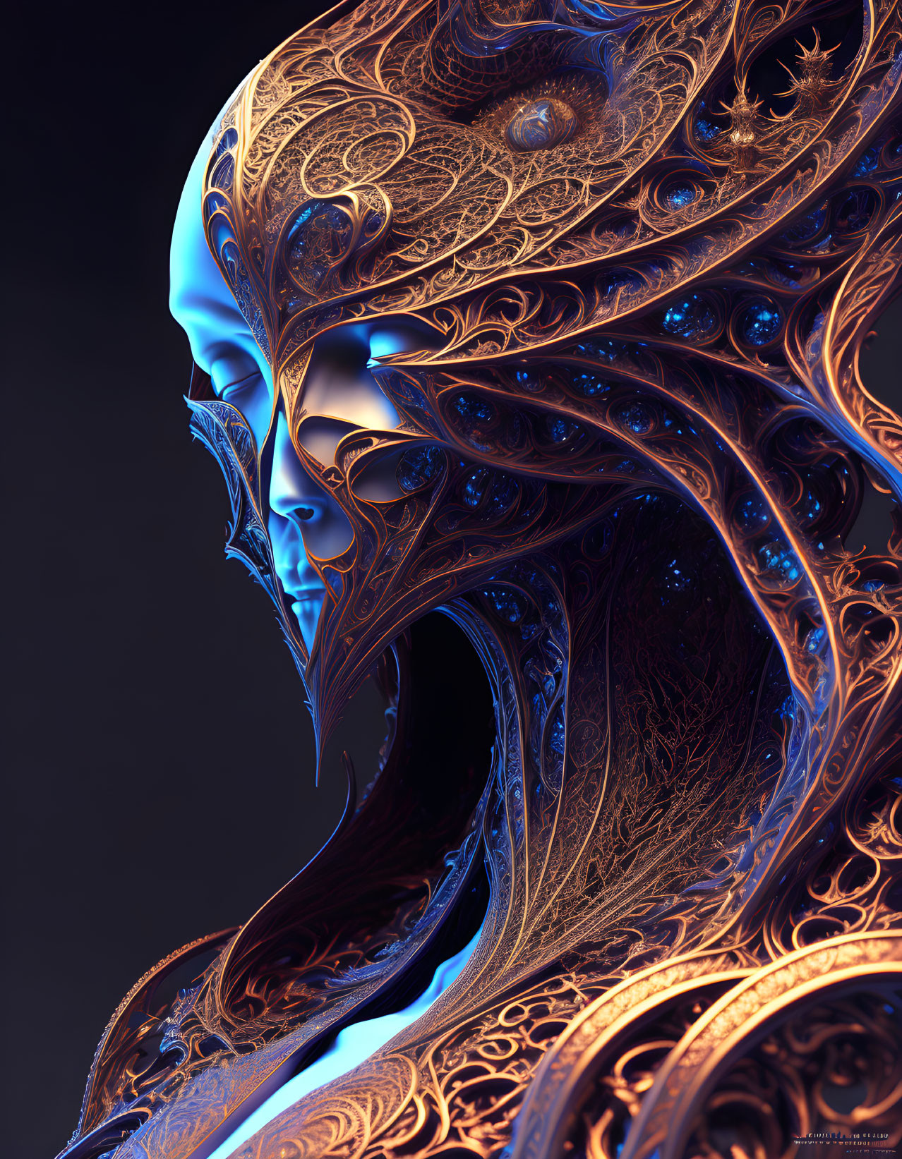 Detailed Digital Artwork: Ornate Metallic Humanoid Face with Filigree Patterns