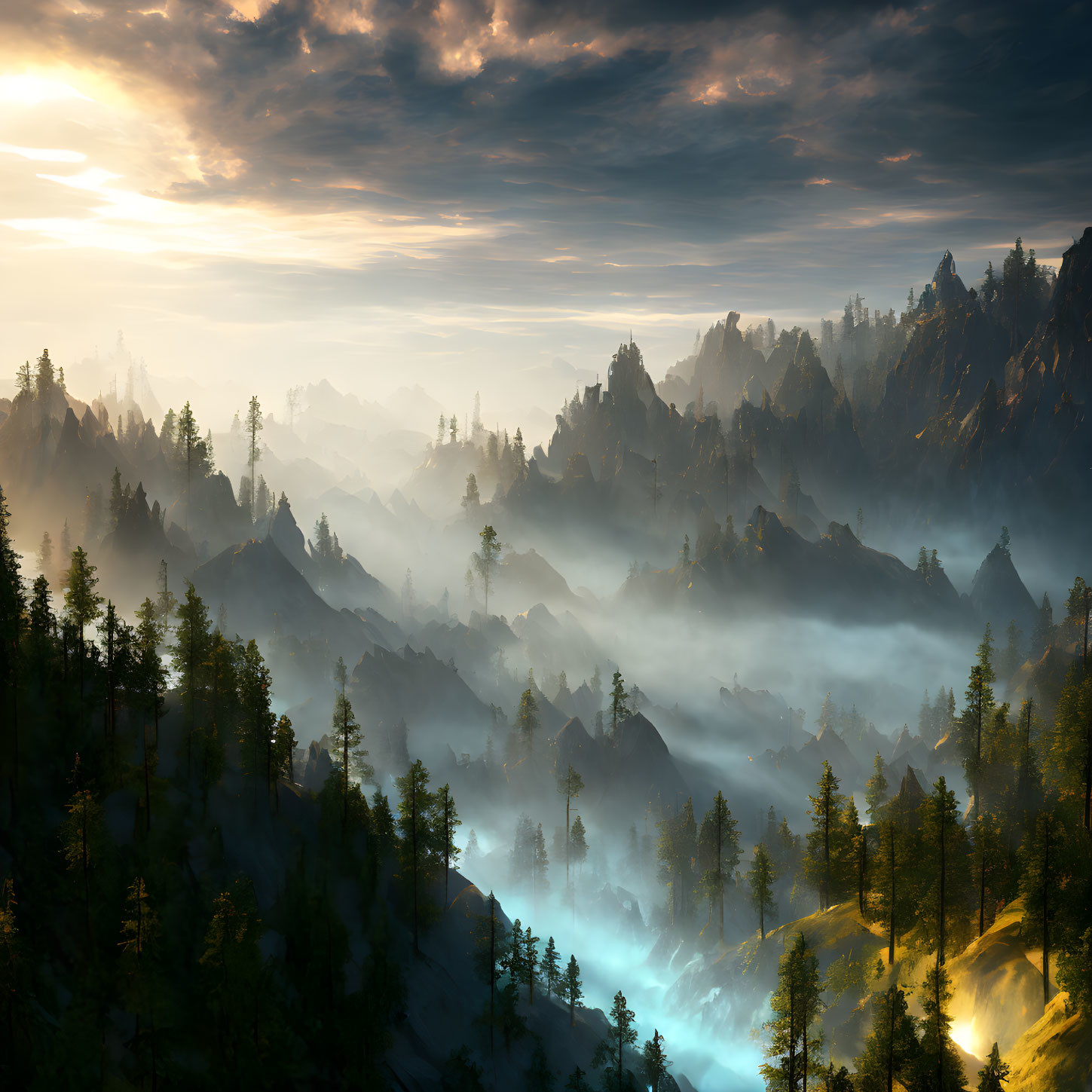 Sunlit misty mountain landscape at sunrise with forest, fog, rocky peaks, and valleys.