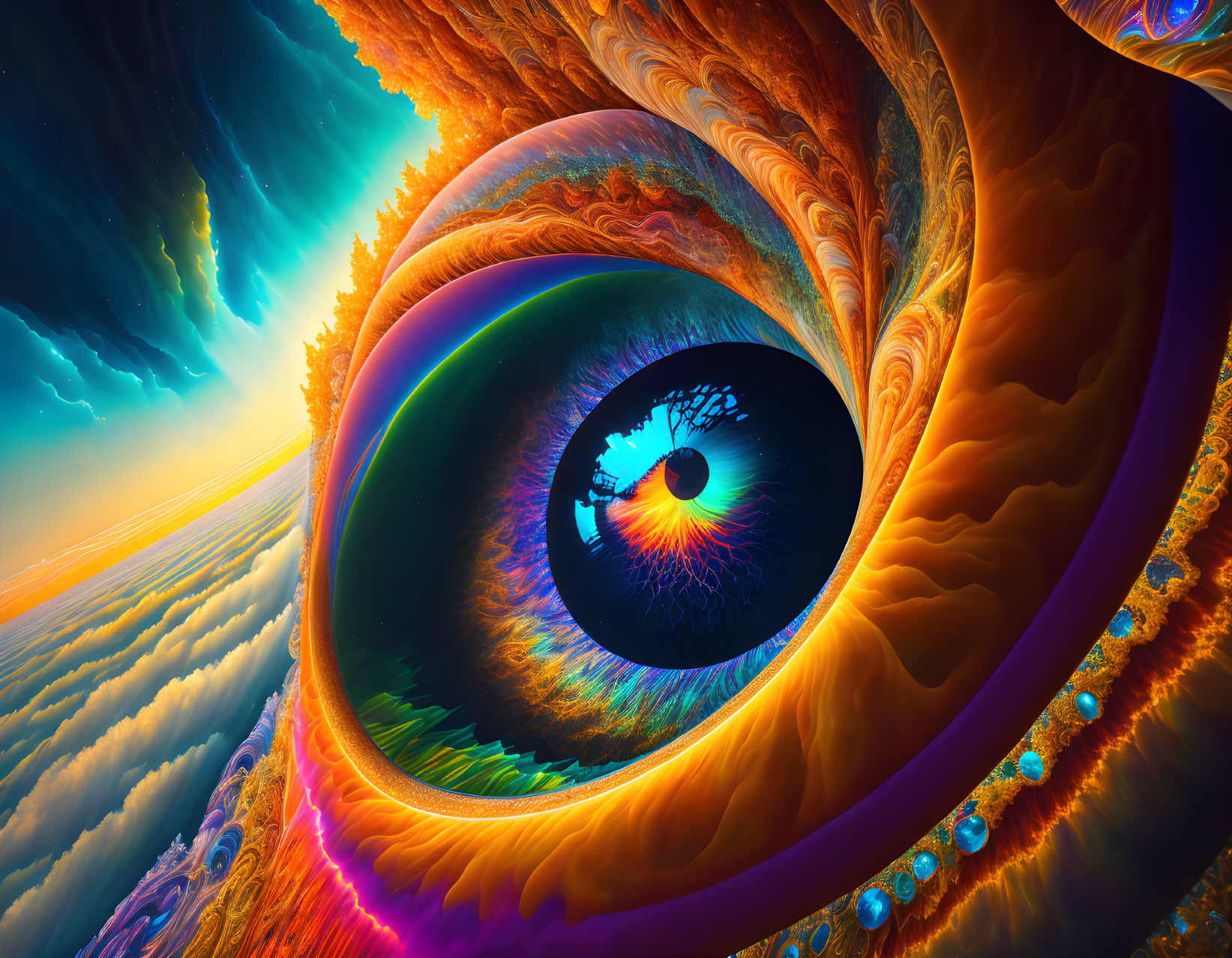 Colorful Fractal Landscape with Central Eye and Intricate Patterns