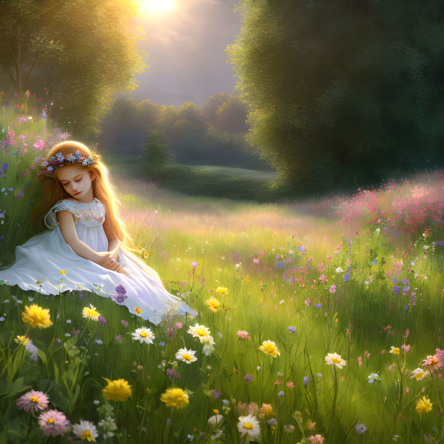 Young girl with floral wreath in sunlit wildflower meadow surrounded by greenery