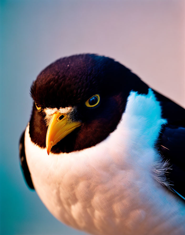 Black and white bird with yellow beak and eye on blue background