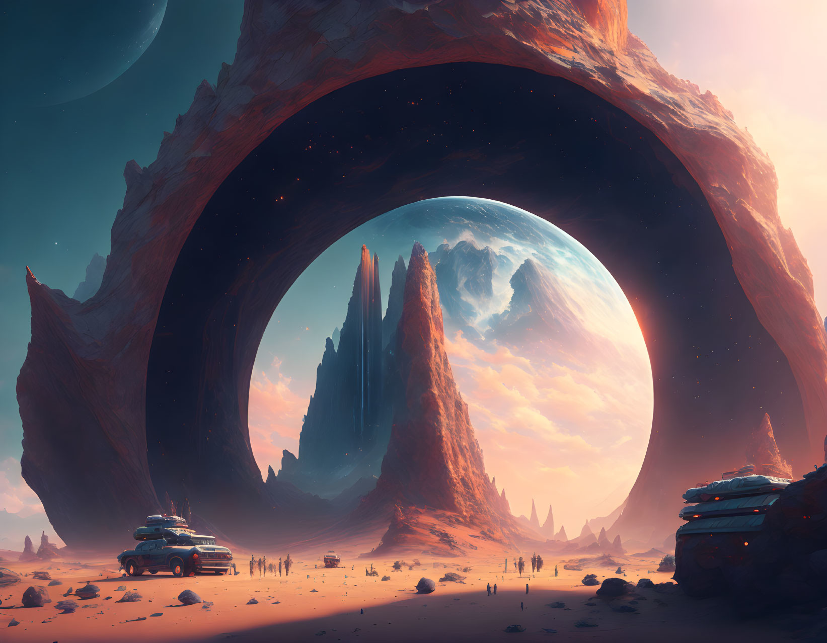 Futuristic sci-fi landscape with rock formations, ring structure, planets, and alien vehicles.