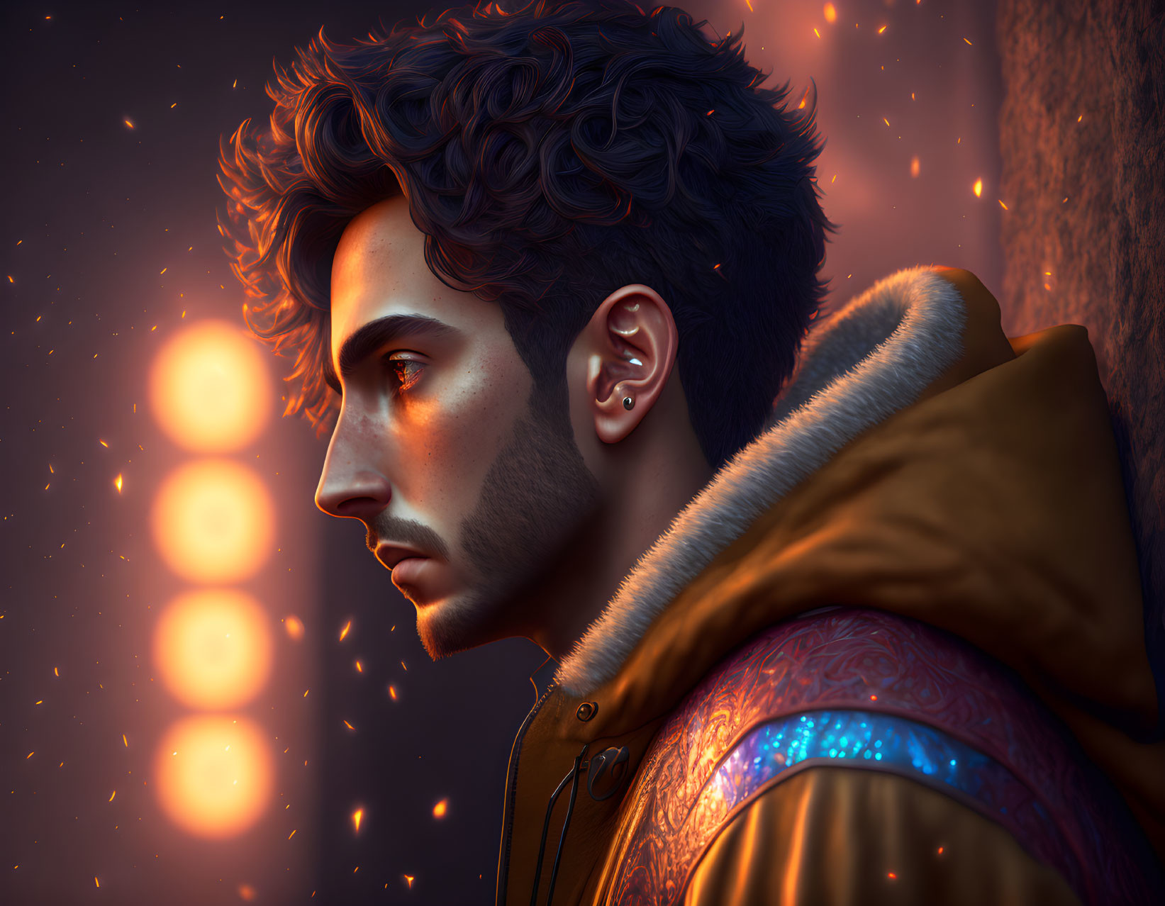 Man with Dark Hair and Beard Gazing, Glowing Orbs in Warm Background