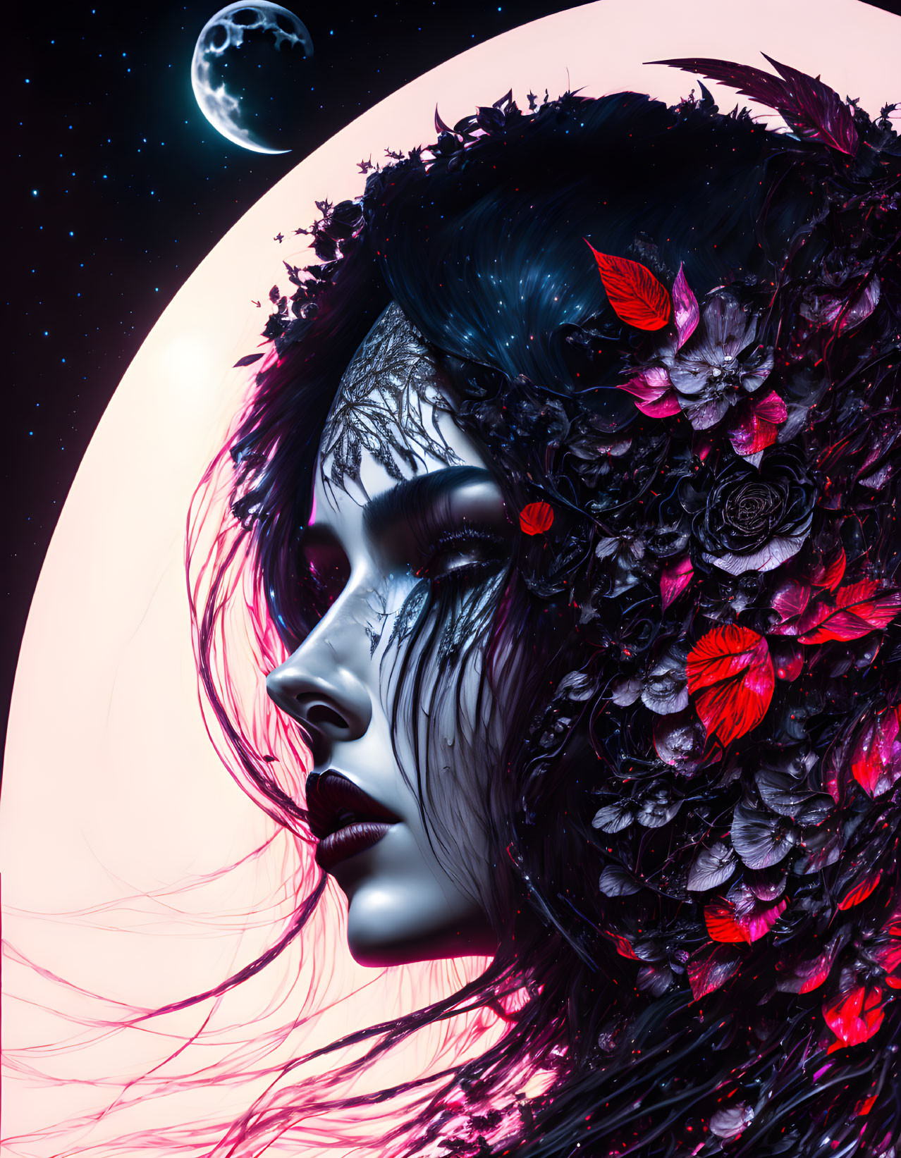 Digital Artwork: Woman with Dark Floral Hair, Crescent Moon, and Celestial Background