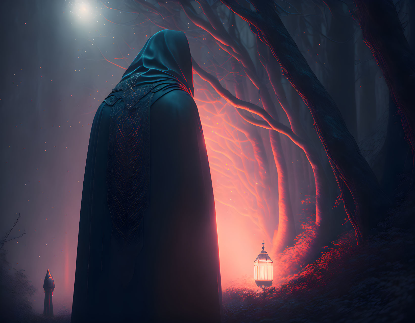 Mysterious cloaked figure with lantern in eerie forest