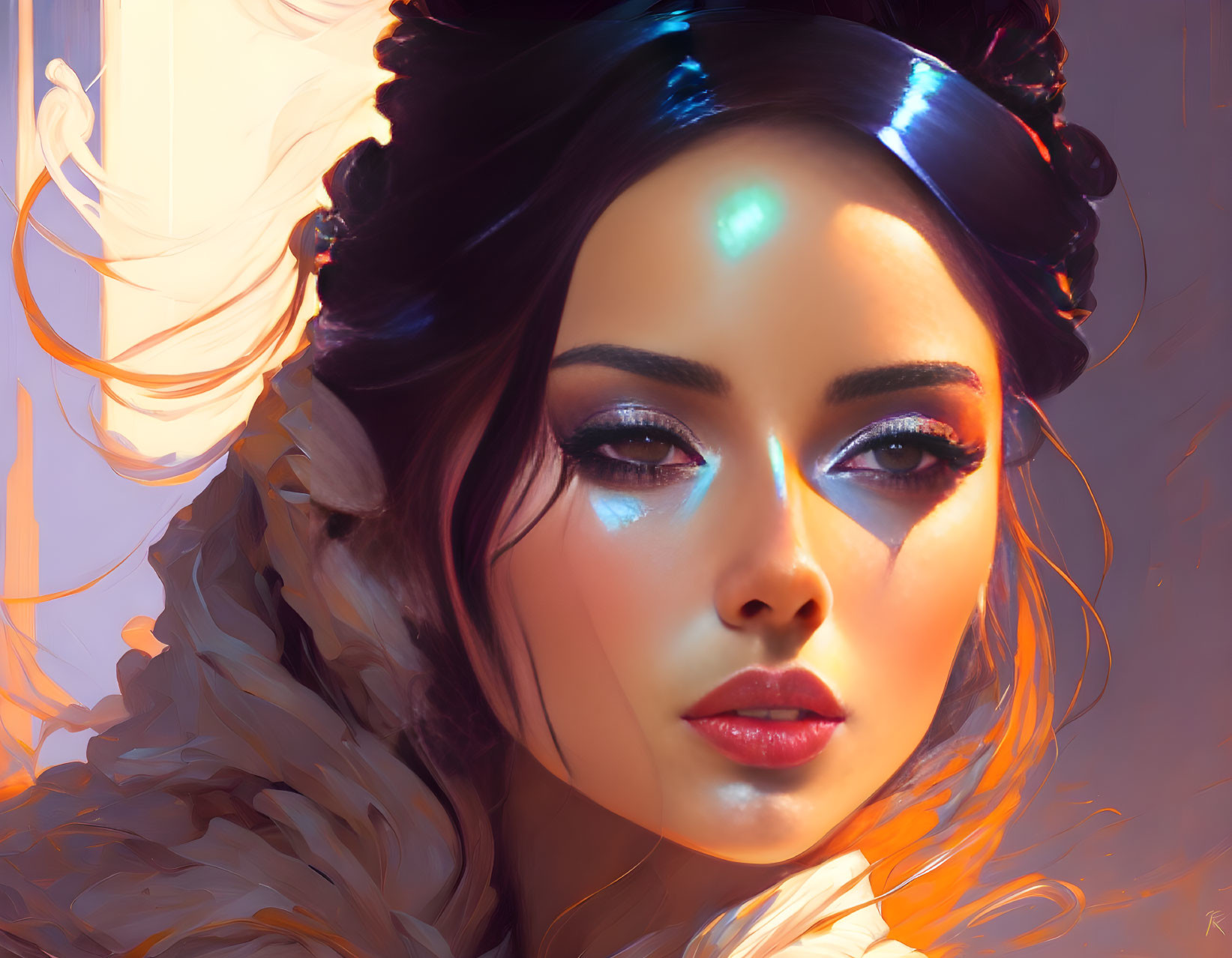 Futuristic digital art portrait of a woman with luminous makeup