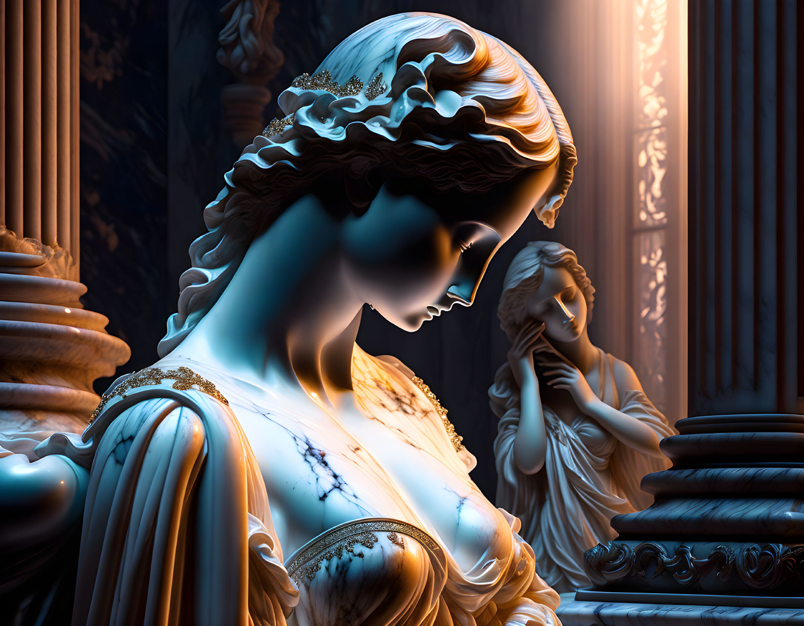 Classical statues of women in temple setting with warm glow on blue stone