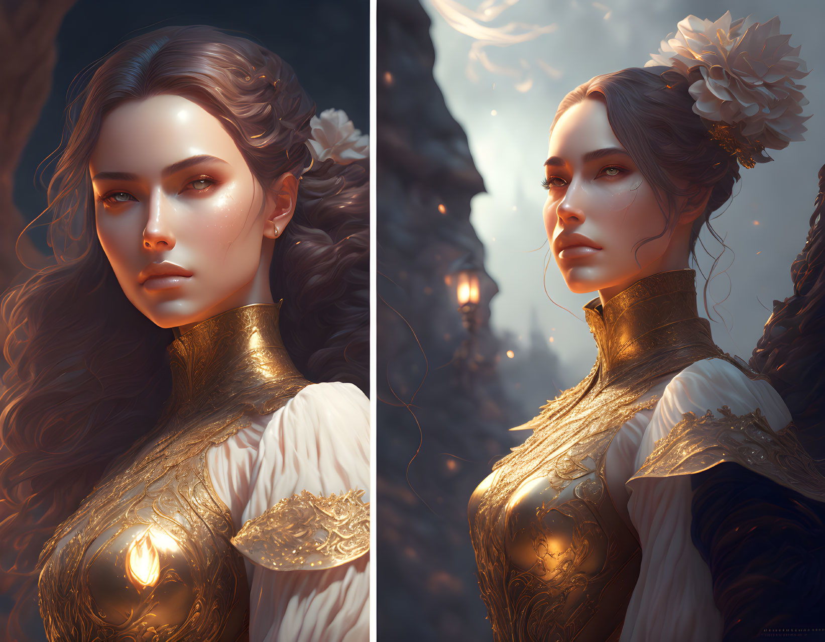 Digital Artwork of Woman in Gold Armor with Mystical Aura