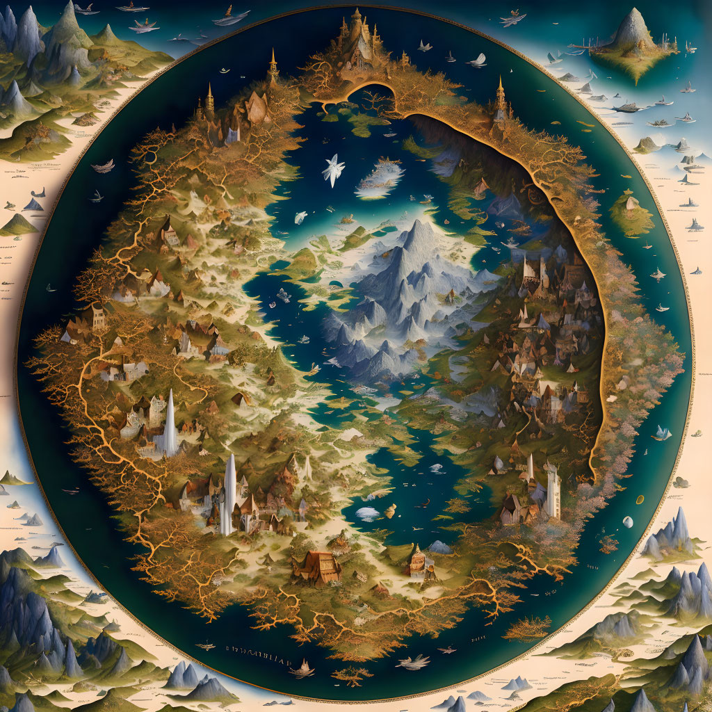 Fantasy map with mountains, forests, villages, castles, and sea monsters in circular border