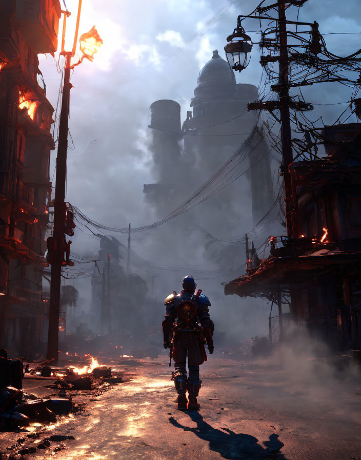 Futuristic soldier in dystopian city street with dilapidated buildings