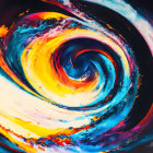 Colorful Cosmic Swirl with Planets and Lone Figure