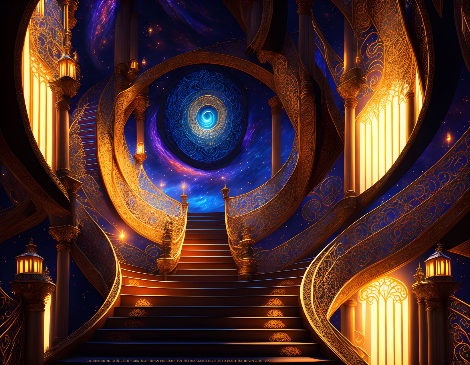 Intricate golden railings on majestic fantasy staircase leading to celestial portal