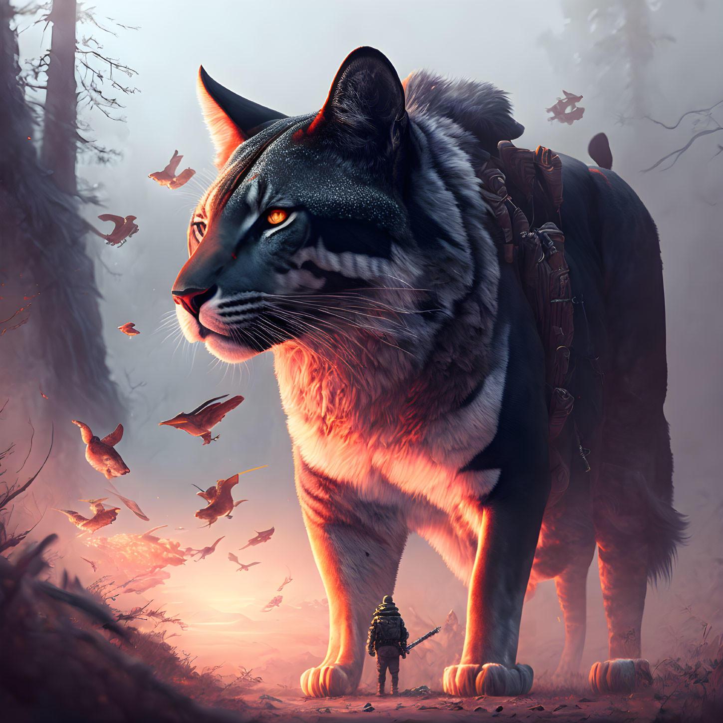 Armored cat with knight in misty forest at dusk