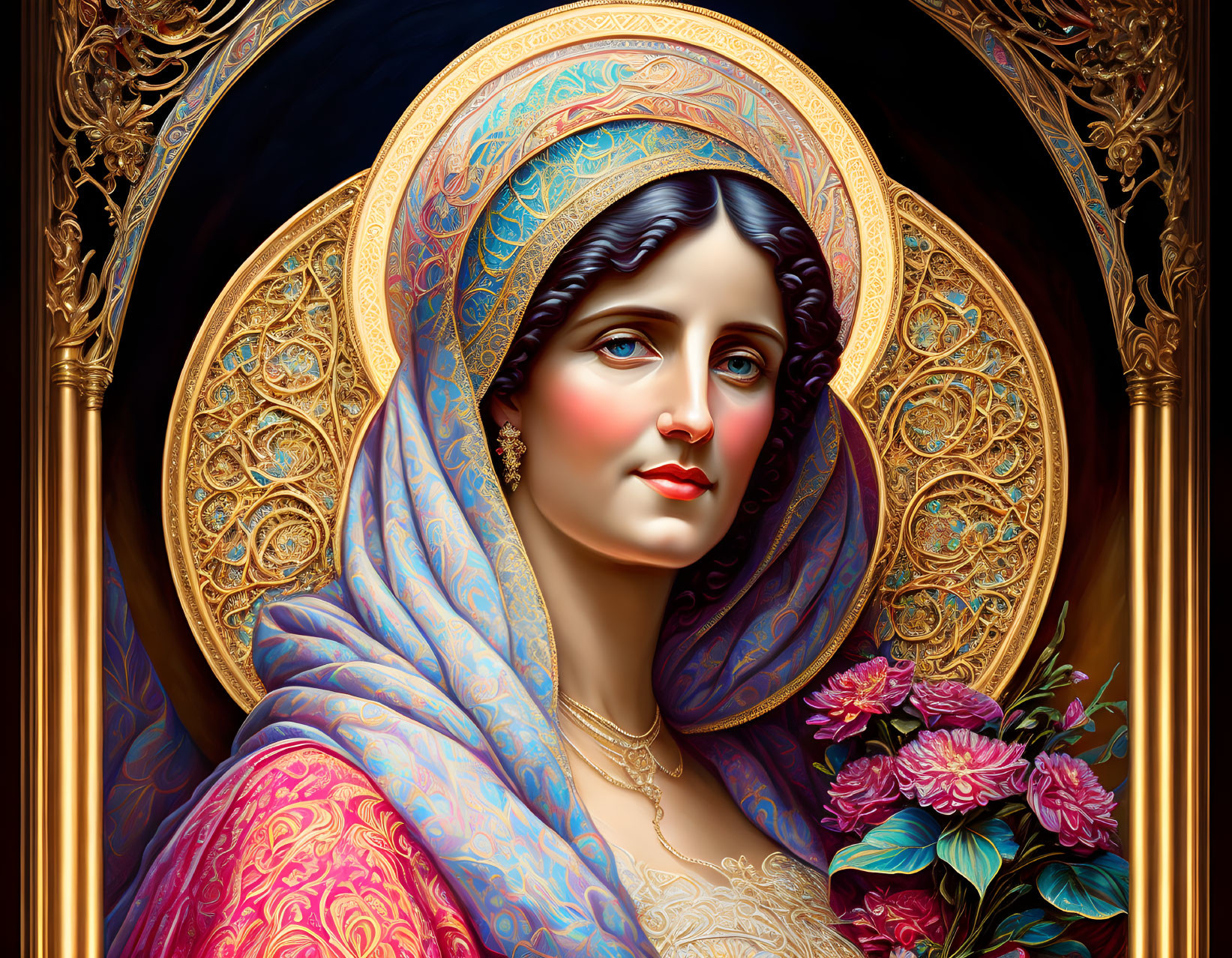 Detailed digital artwork: Elegant woman with blue and pink headscarf, gold halo, red flower bouquet