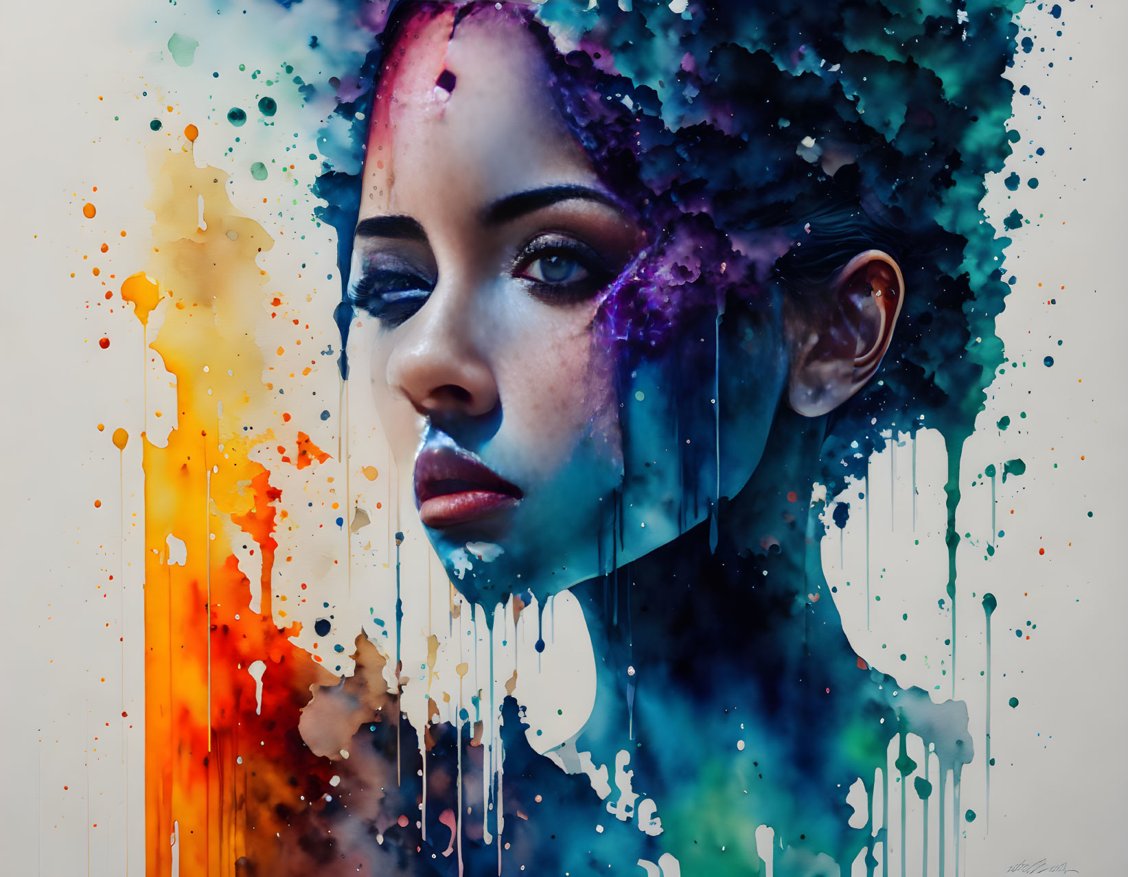 Colorful portrait of woman with face dissolving into paint-like drips