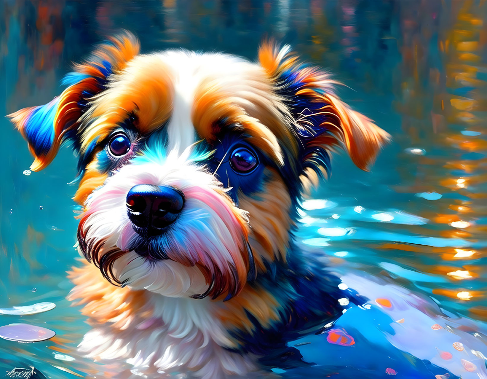 Vibrant digital artwork: Dog with blue eyes and multicolored fur on vivid blue and orange