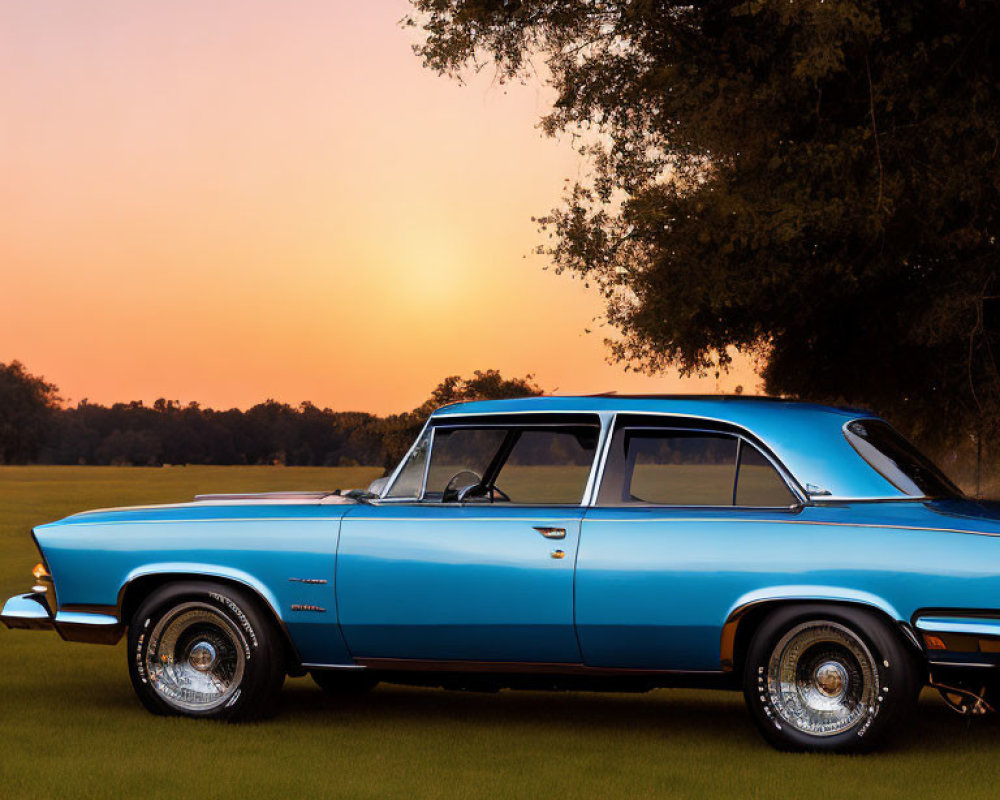 Vintage Blue Car Parked on Grass Under Sunset Sky