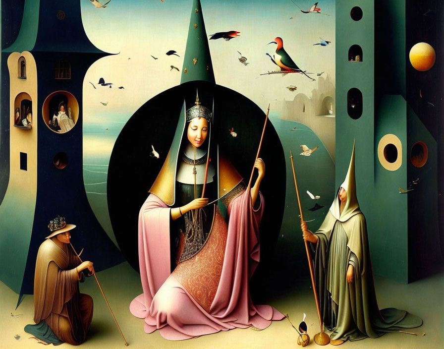 Surreal painting featuring robed woman, cloaked figures, birds, and whimsical towers