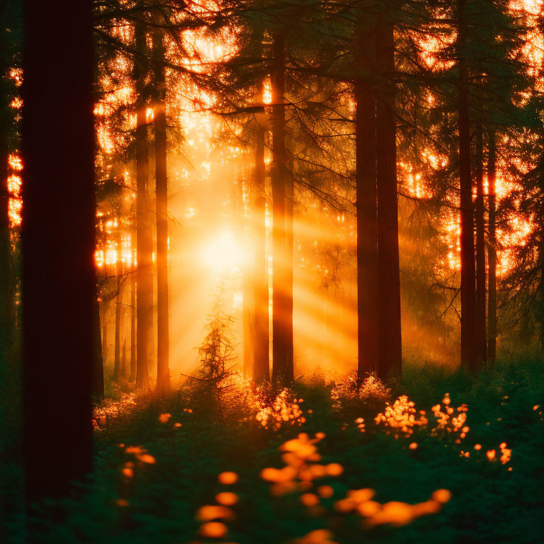 Golden sunbeams illuminate misty forest scene, creating mystical ambiance