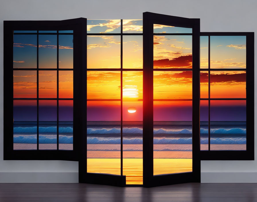 Vibrant Ocean Sunset Folding Screen with Calm Sea Panels