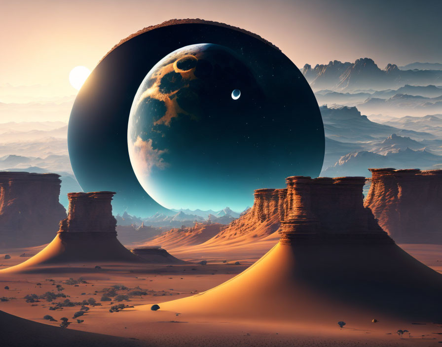 Sci-fi desert landscape with towering rock formations and surreal planet.