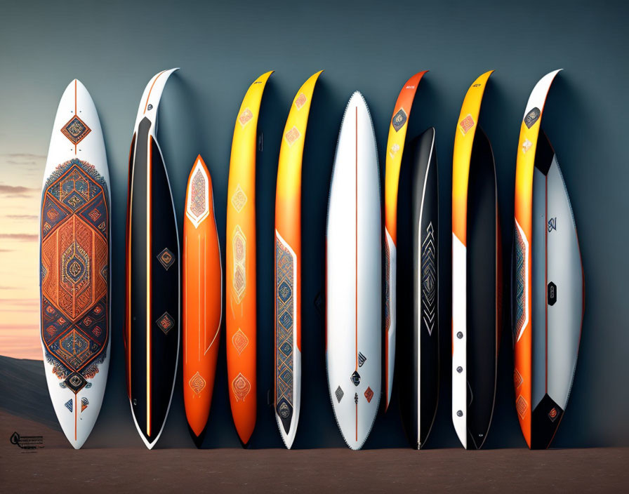 Eight surfboards in various designs against dusk sky.