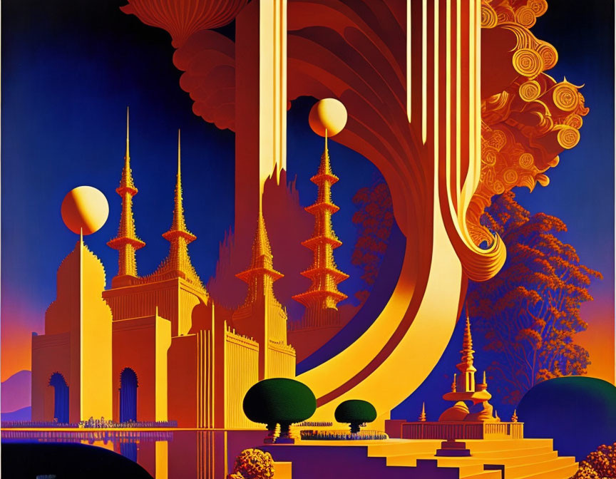 Vivid retro-futuristic artwork with fantastical architecture and swirling patterns