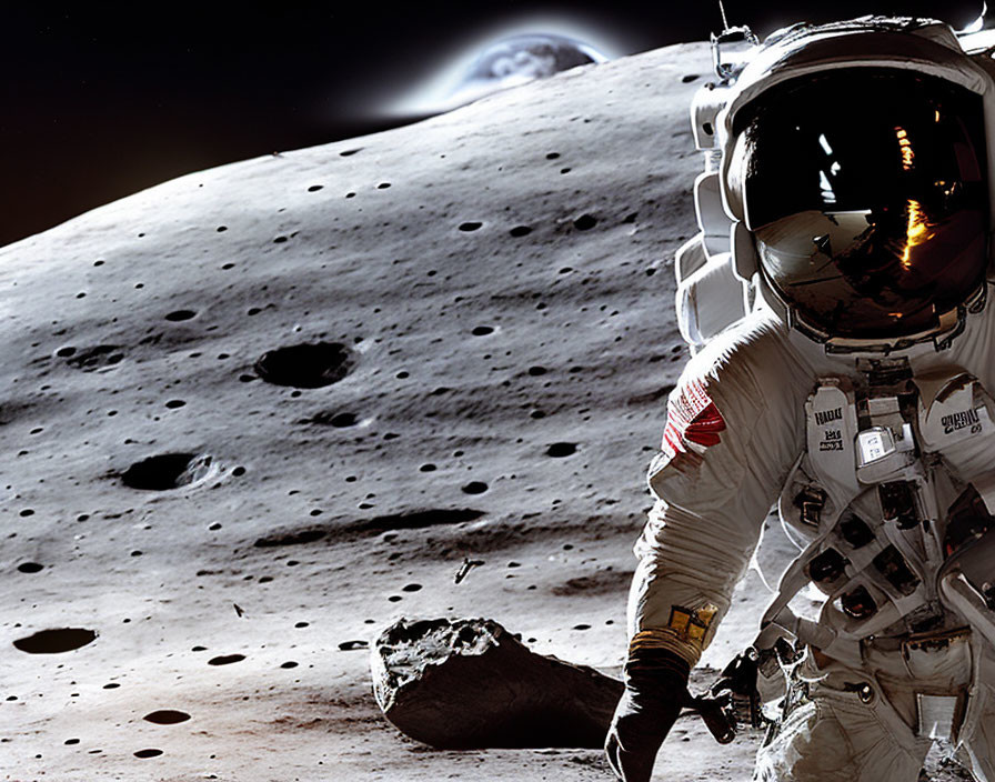 Astronaut in space suit explores moon with Earth in backdrop