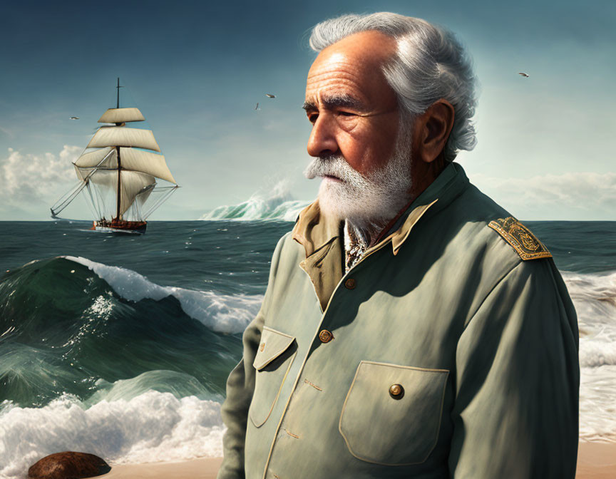 Elderly sea captain with beard, ship, and seagulls in digital art