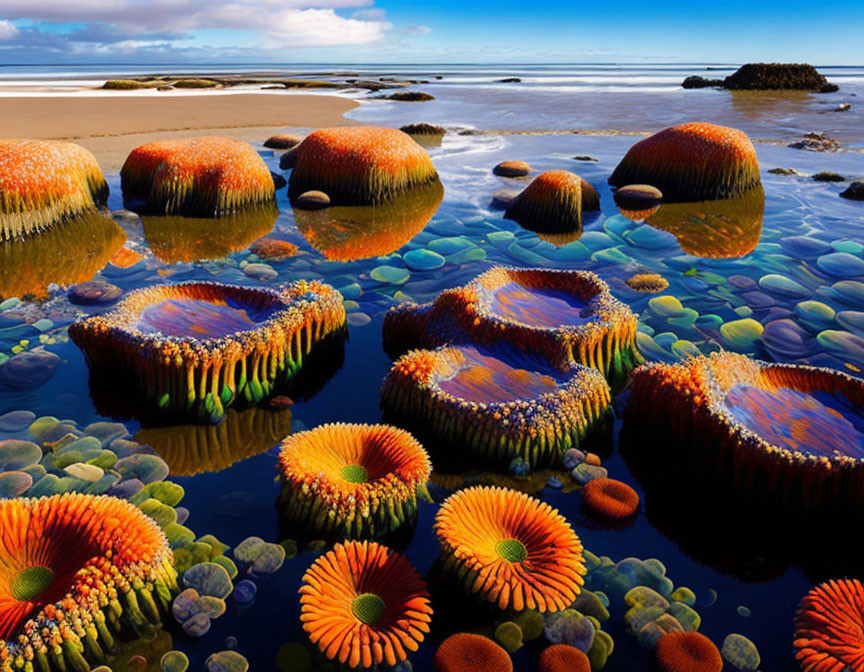 Vibrant sea anemones in shallow water with sandy beach and blue sky.