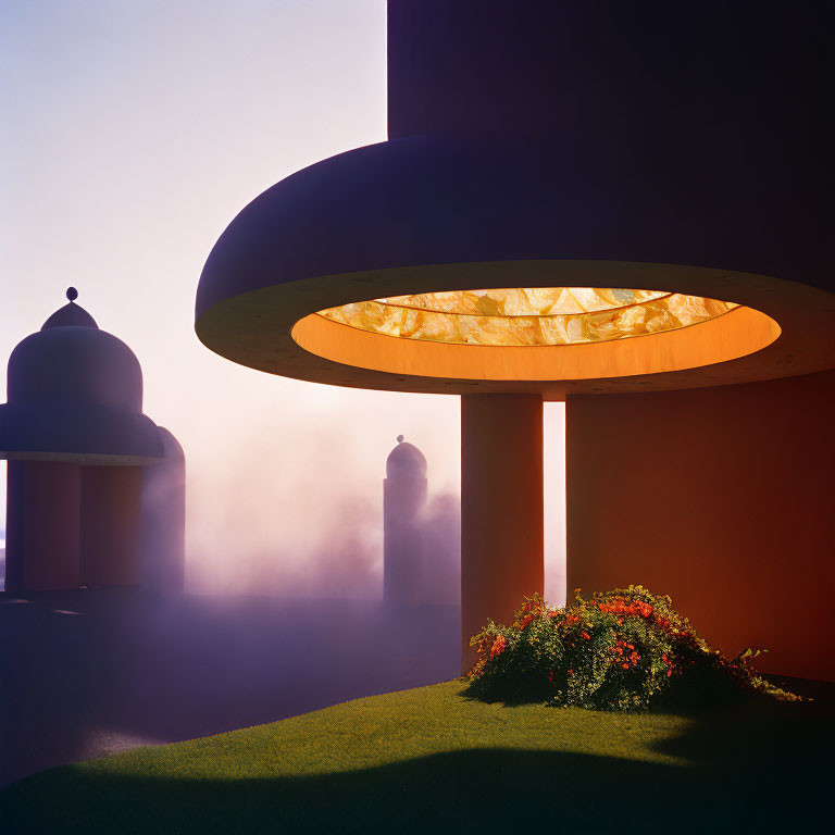 Circular surreal architecture glowing in sunlight with silhouetted domes.