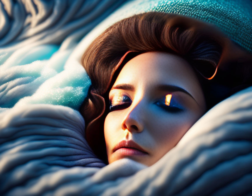 Woman resting with closed eyes in cozy blue blanket under soft warm light