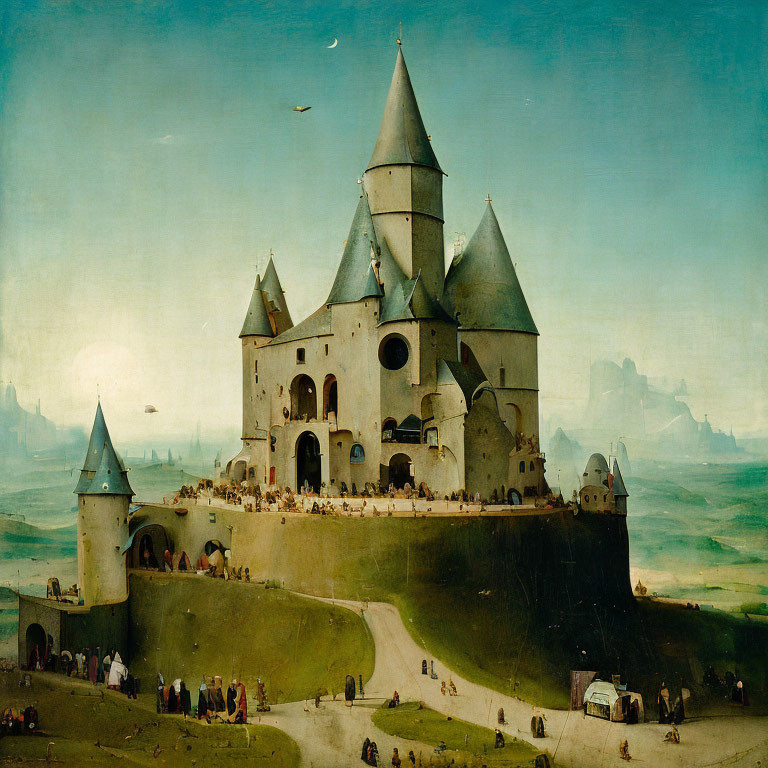 Detailed Painting of Medieval Hilltop Castle with Conical Roofs