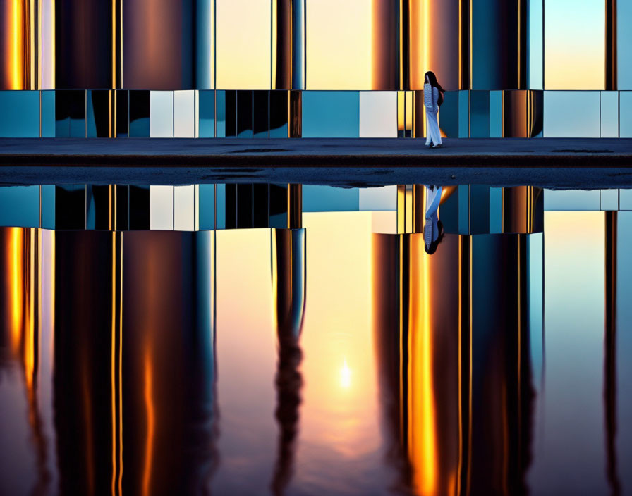 Silhouette of person between mirrored columns at sunset or sunrise