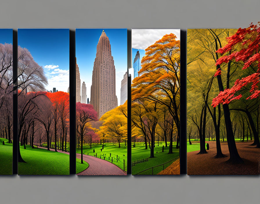 Seasonal Park Scene Wall Art with Skyscrapers & Vibrant Nature