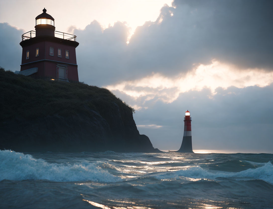 Red Lighthouse on Cliff overlooking Dramatic Seascape