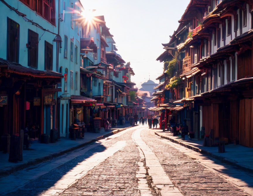 Traditional Street with Old Houses and Shops in Sunlight