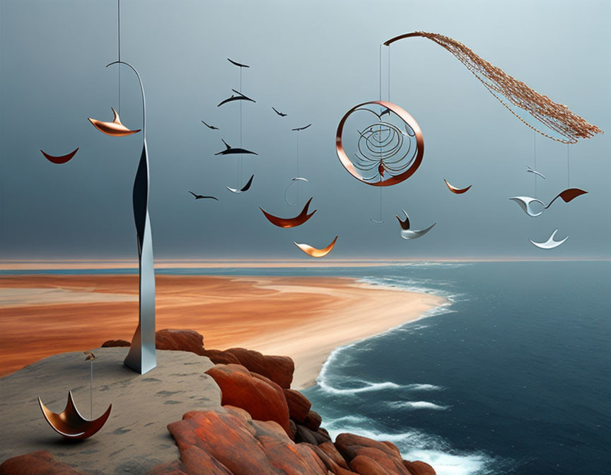 Surreal beach scene with flying sculptural elements and abstract structures