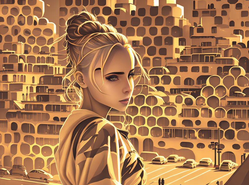 Woman with Bun Hairstyle in Striped Garment Gazing at Golden Cityscape