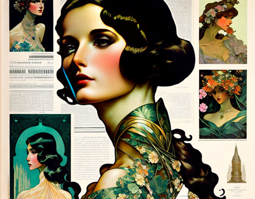 Art Nouveau-inspired collage of women with floral and butterfly motifs