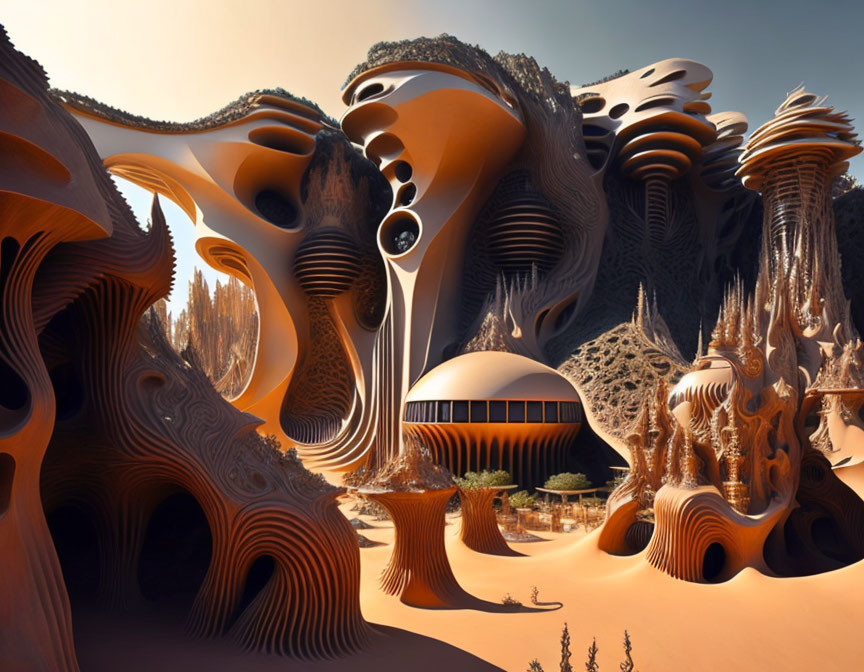 Organic flowing structures in warm tones on a surreal landscape