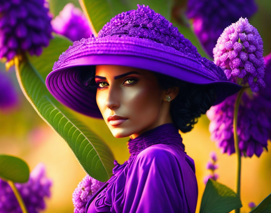 Woman with Green Eyes in Purple Hat Surrounded by Flowers