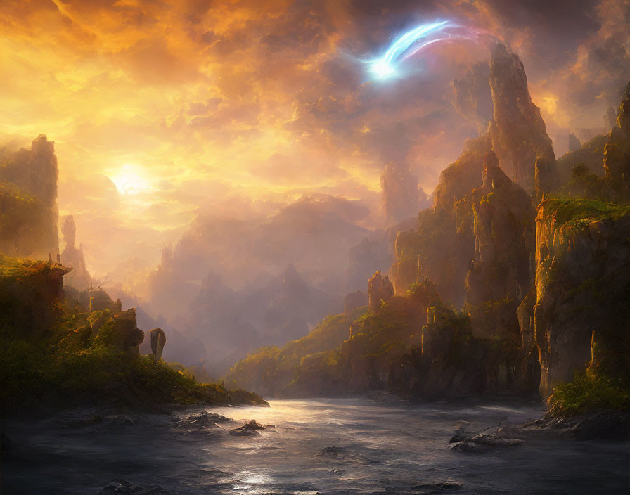 Mystical landscape with towering cliffs, serene river, and ethereal light phenomenon at sunset