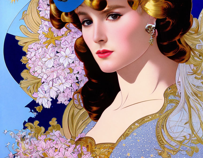 Woman with elegant features in blue hat and jewelry, surrounded by cherry blossoms and blue crescent.