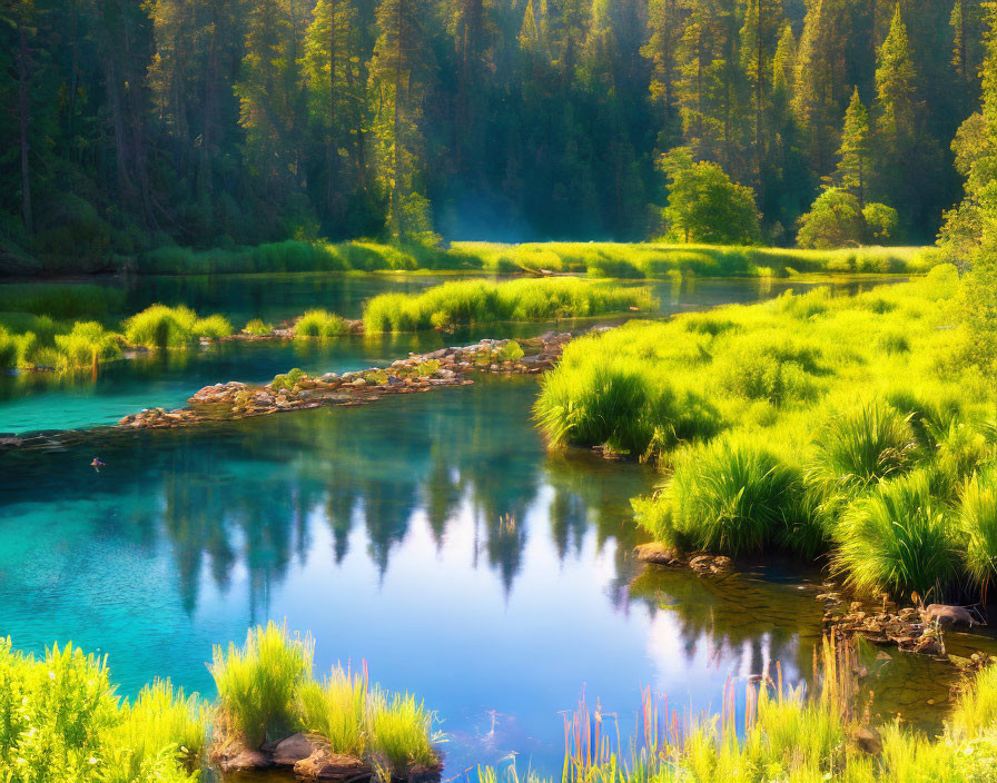 Tranquil river flowing through lush greenery with vibrant reflections